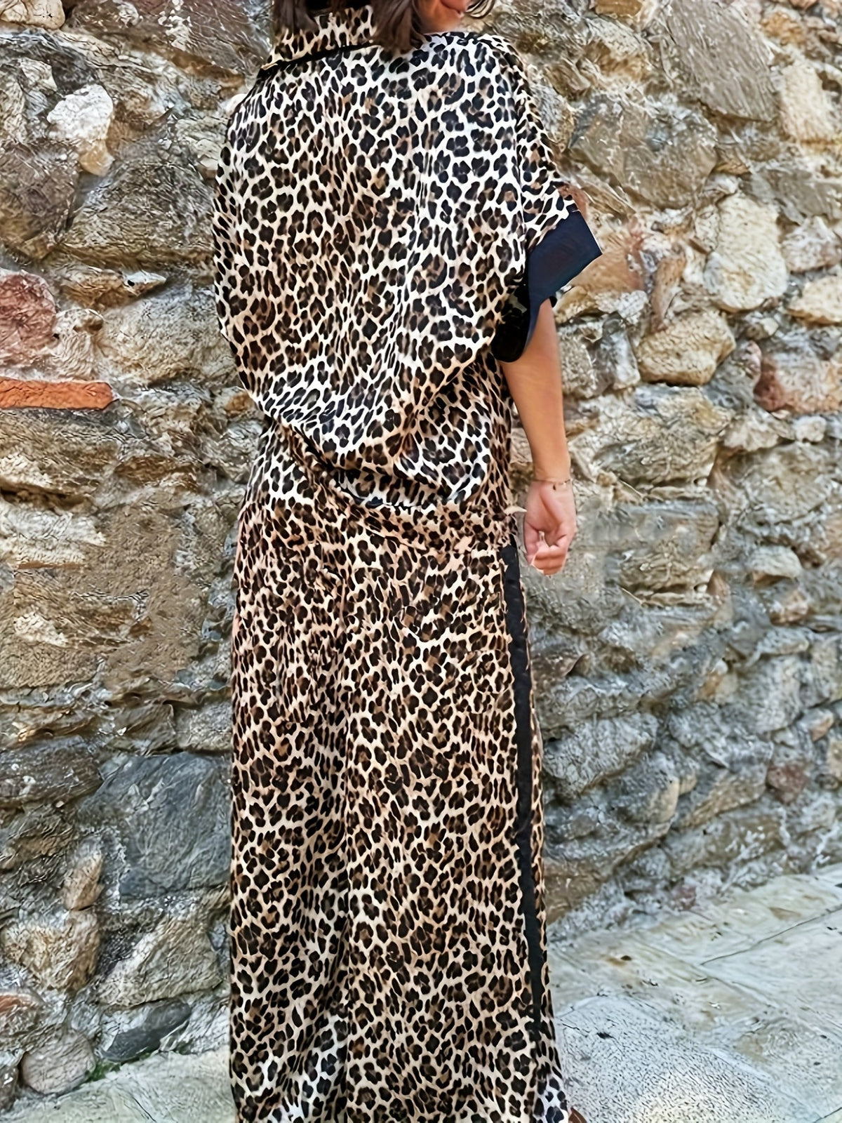 Leopard Print Contrast Trim Shirt and Wide Leg Pants Two Piece Set