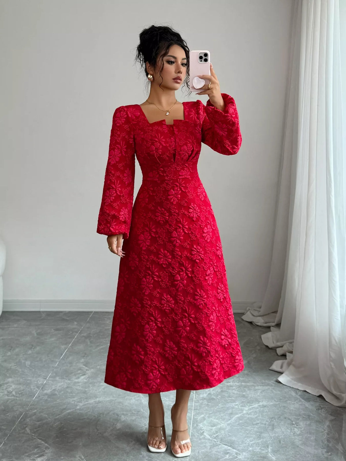 Floral Jacquard Square Neck Balloon Sleeve A-Line Midi Dress 4