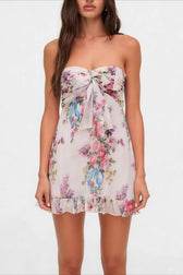 Strapless Sheer Floral Print A Line Floral Dress
