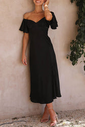 Satin Short Sleeve Sexy Off Shoulder Dress - View 12