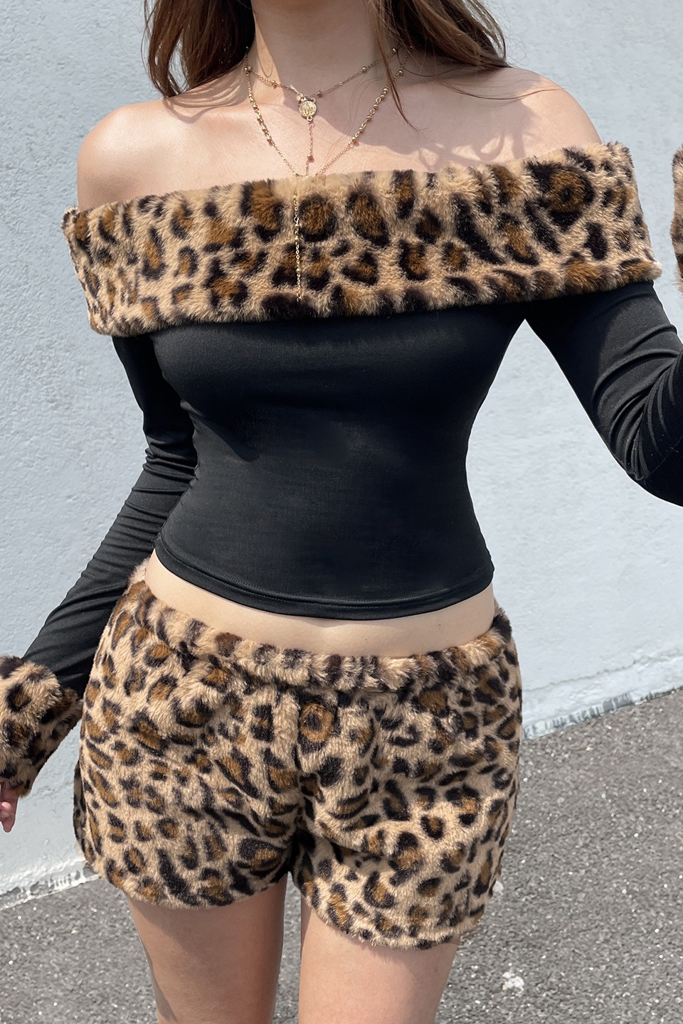 Fuzzy Paneled Leopard Print Off Shoulder Crop Top