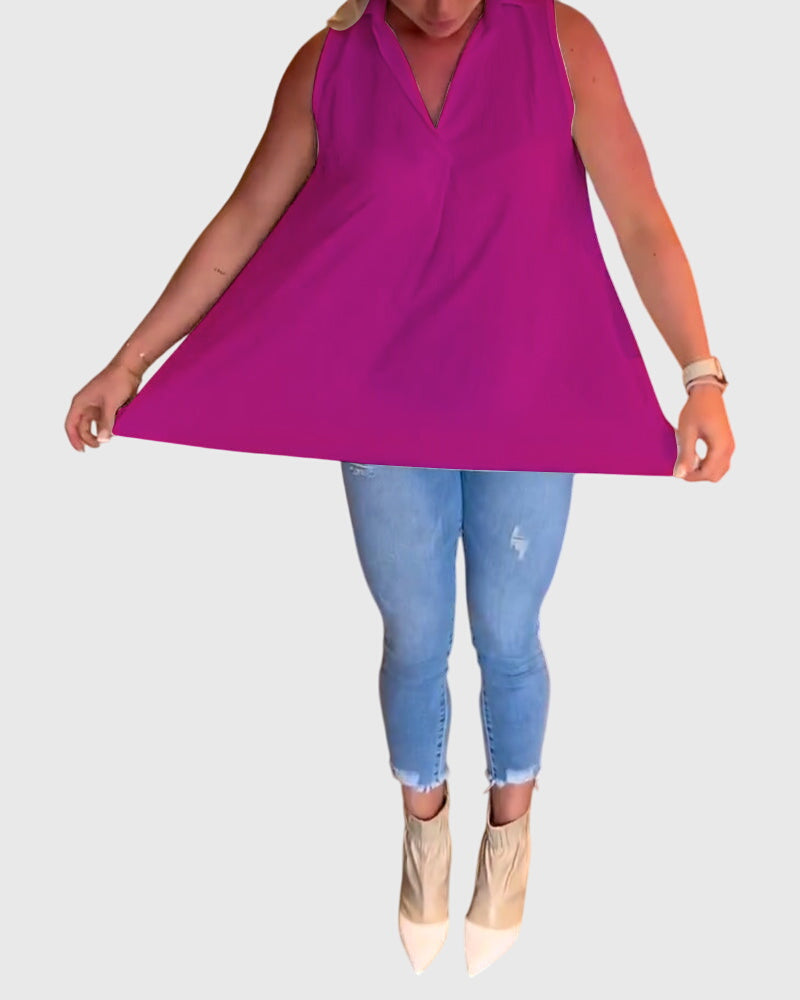 Collared Sleeveless High Low Blouse