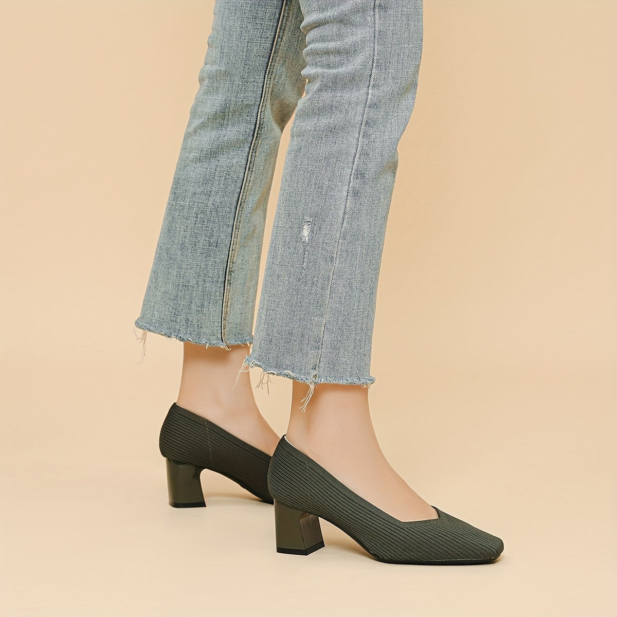 Square Toe Block Heel Slip On Pumps