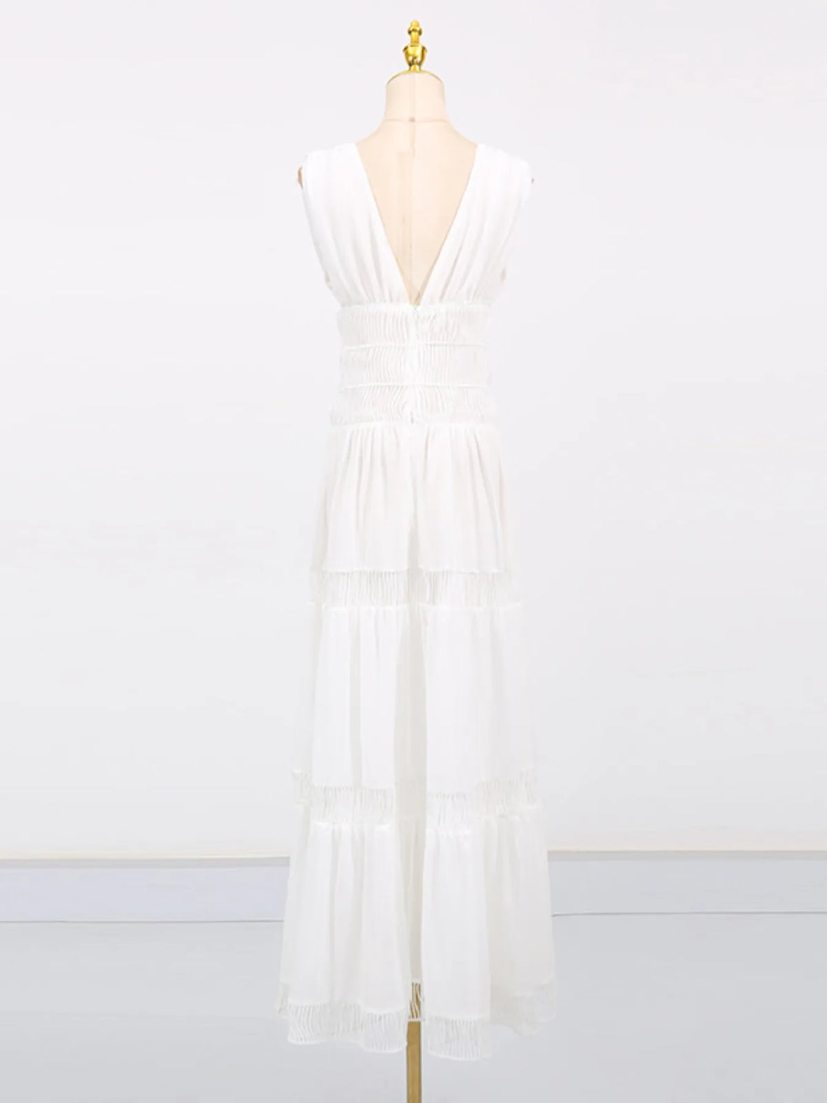 Deep V-Neck Sleeveless Smocked Waist Ladder Trim Tiered Maxi Dress 7