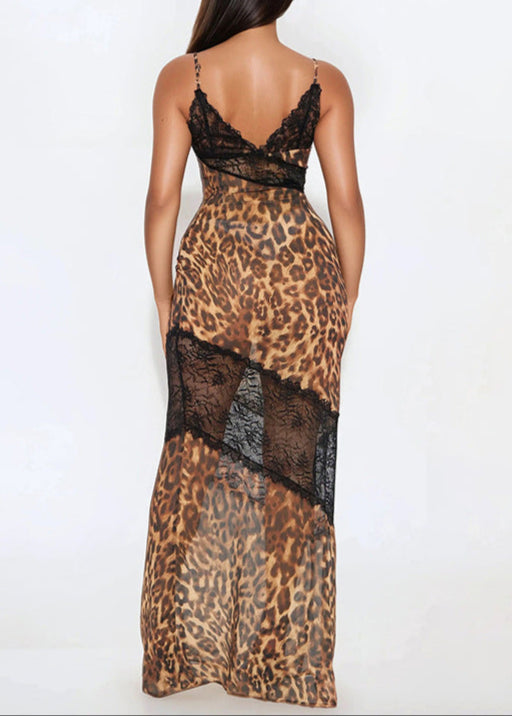 Leopard Print Halter Neck Lace Trim Mesh Maxi Dress 2