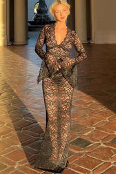 Deep V Lace Sheer Pattern Long Sleeve Maxi Lace Dress