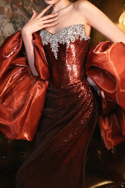 Sequin Strapless Beaded Ruched Mermaid Gown