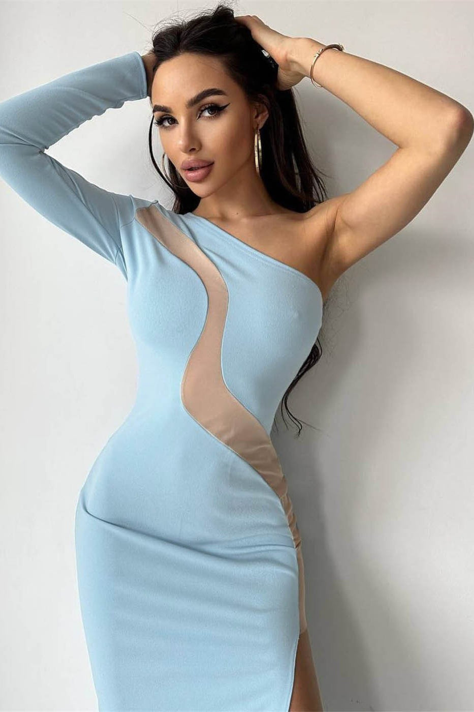 Asymmetrical One Shoulder Mesh Midi Dress