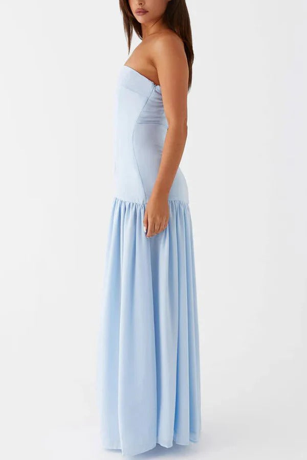 Strapless Drop Waist Gathered Skirt High Split Maxi Dress 5
