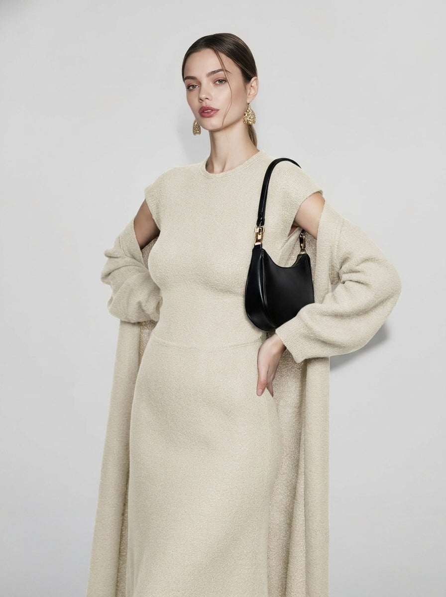 Crew Neck Knit Dress and Longline Cardigan Two Piece Set 4