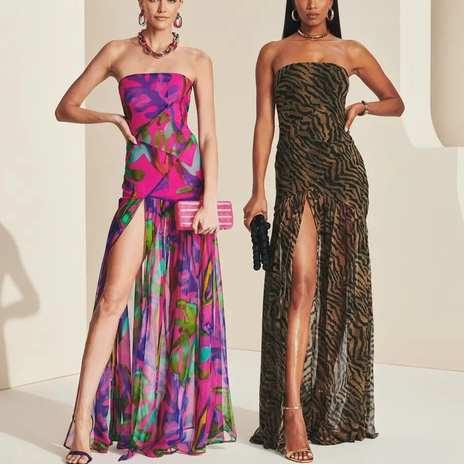 Strapless Mesh High Split Maxi Dress