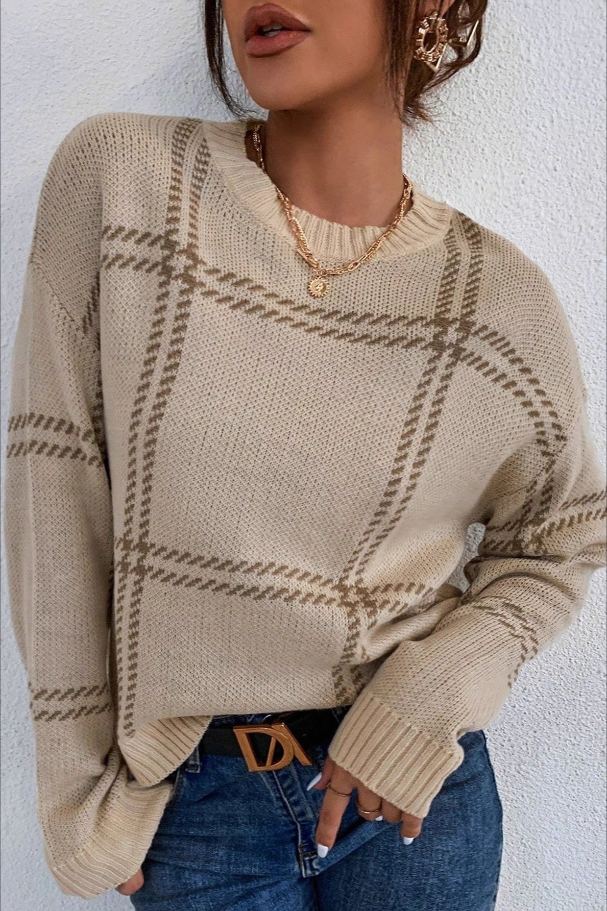 Plaid Stripe Crew Neck Knit Sweater
