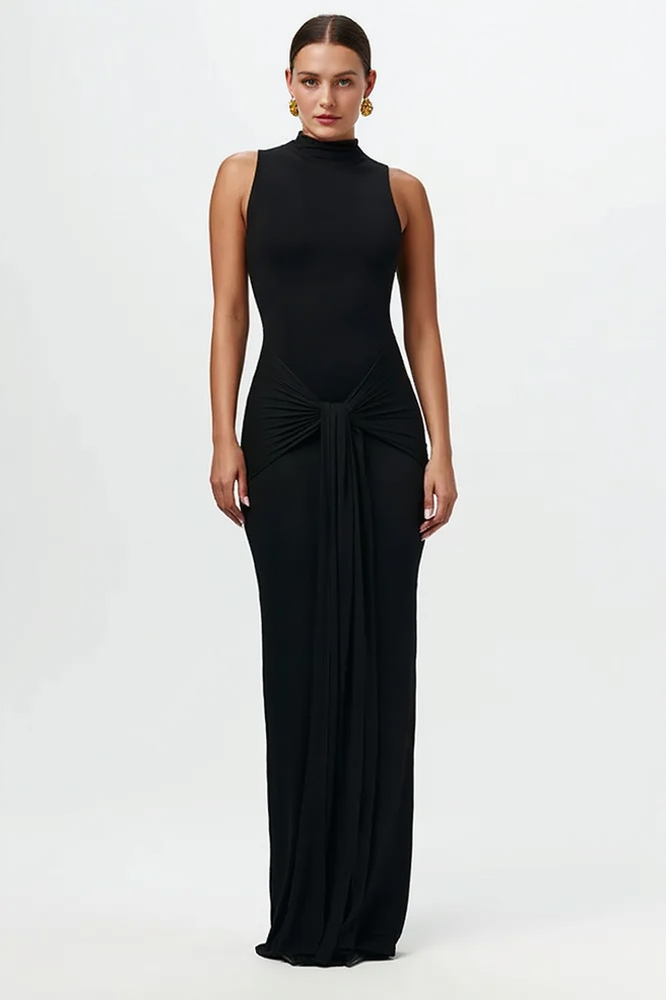 Solid Crew Neck Sleeveless Tie Bodycon Party Dress