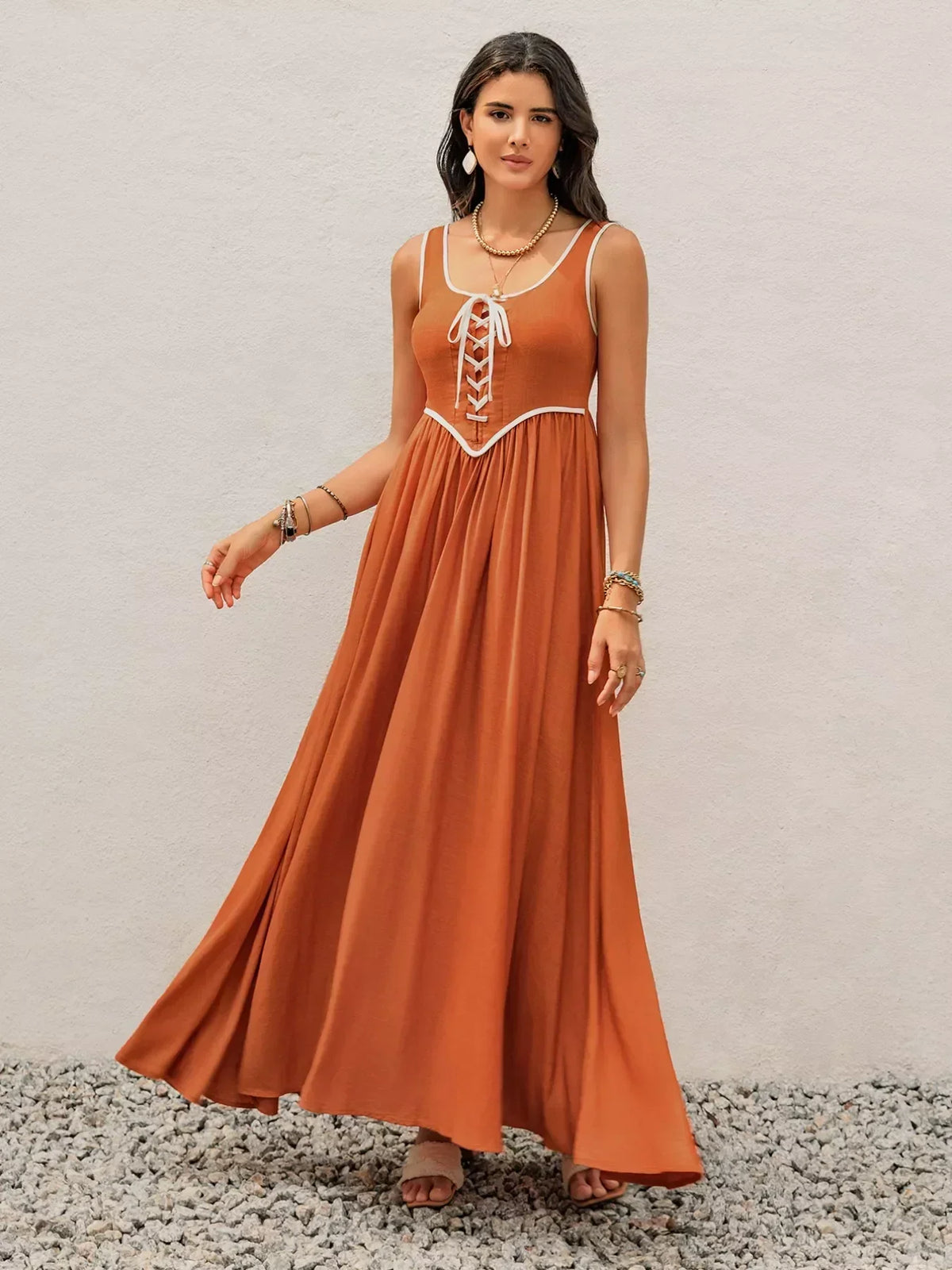 Contrast Trim Lace Up Front Sleeveless Pleated Maxi Tank Dress