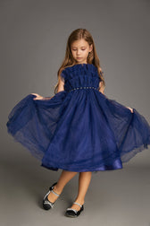 Kids Midnight Blue Strapless Ruffled Maxi Party Dress