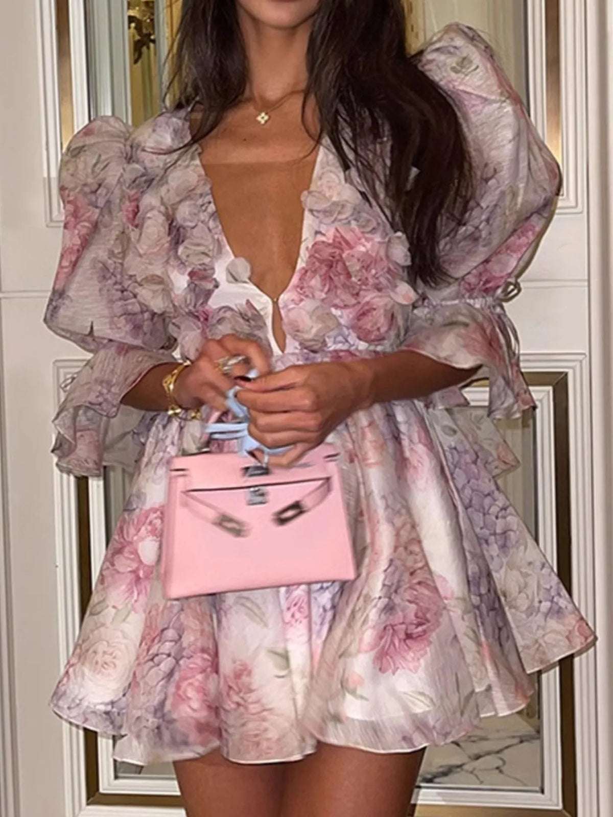 Floral Print Organza Deep V-Neck Puff Sleeve Ruffle Mini Dress