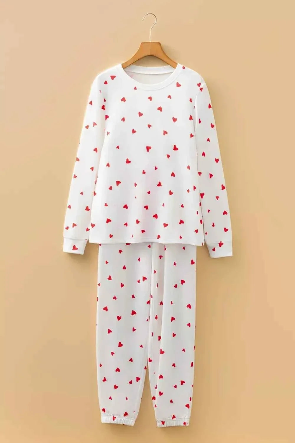 Heart Print Round Neck Long Sleeve Top and Drawstring Pants Two Piece Set 4