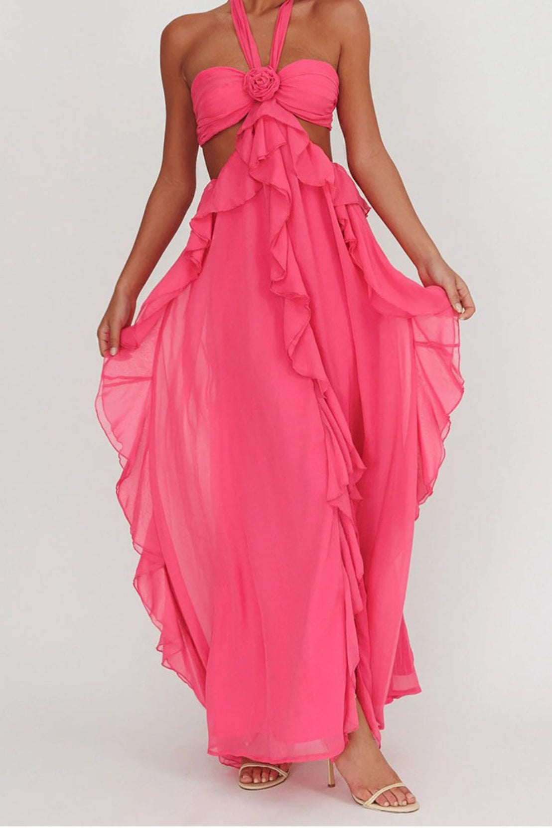 Strapless Chiffon Ruffle Rosette Cut Out High Split Maxi Dress