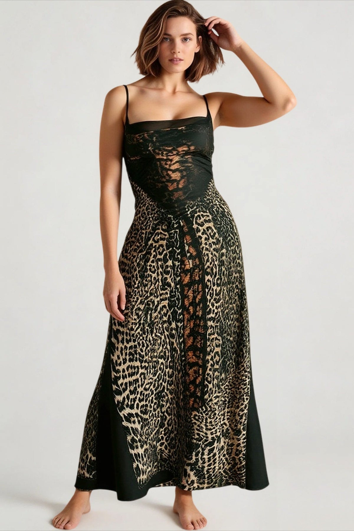 Leopard Print Mesh Lace Bodice Spaghetti Strap Maxi Dress 4