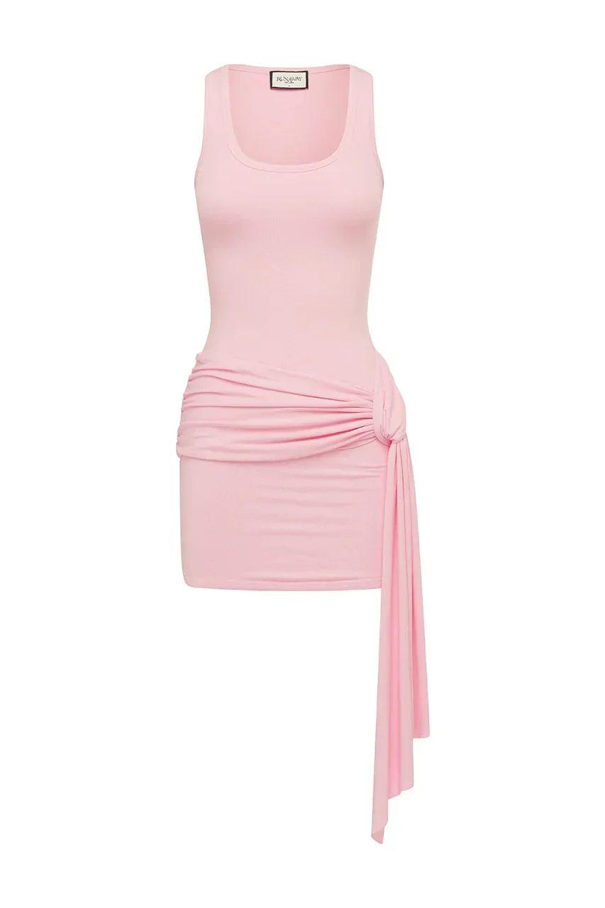 Scoop Neck Sleeveless Tie Front Drape Sash Bodycon Mini Dress 5