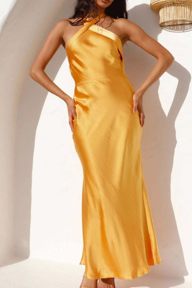 Halter Satin Solid SlimFit Cocktail Silk Dress