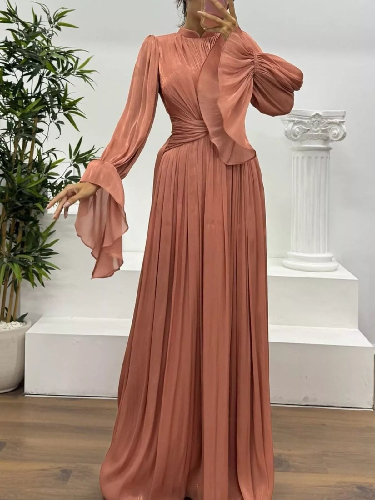 Pleated Satin Mock Neck Flared Bell Sleeve Twist Waist Maxi Gown 8