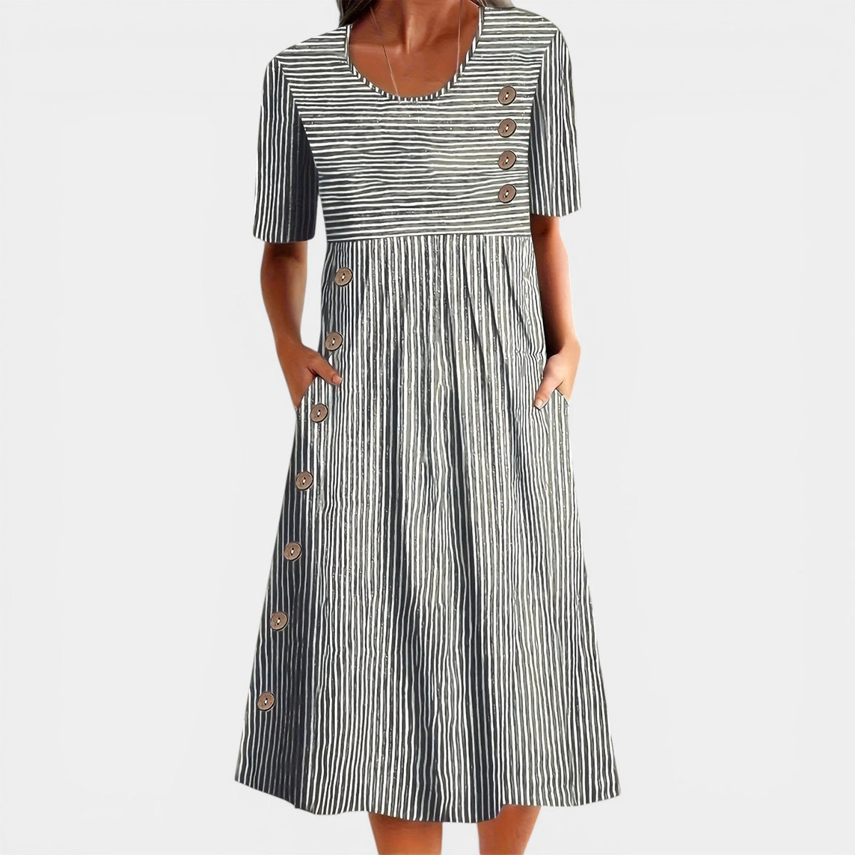 Striped Round Neck Short Sleeve Button Detail Midi Dress
