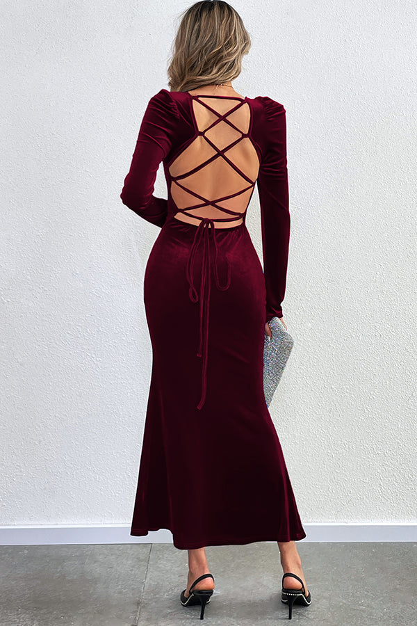 Velvet Long-sleeved Sexy Backless Slim Fit Fishtail Maxi Dress - View 8