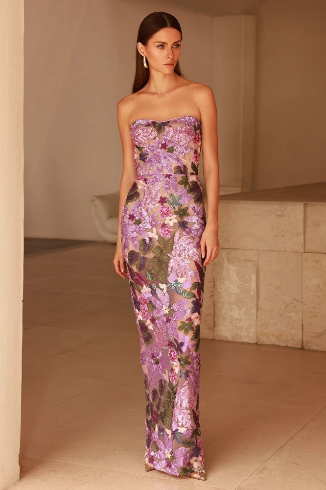 Strapless Floral Sequin Embroidered Sheer Mesh Column Maxi Gown