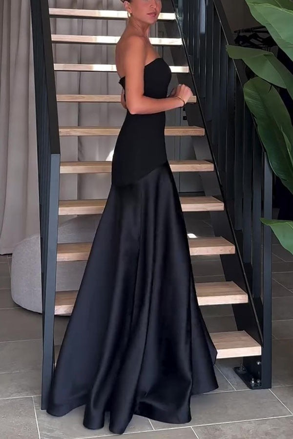 Strapless Satin Paneled A-Line Gown