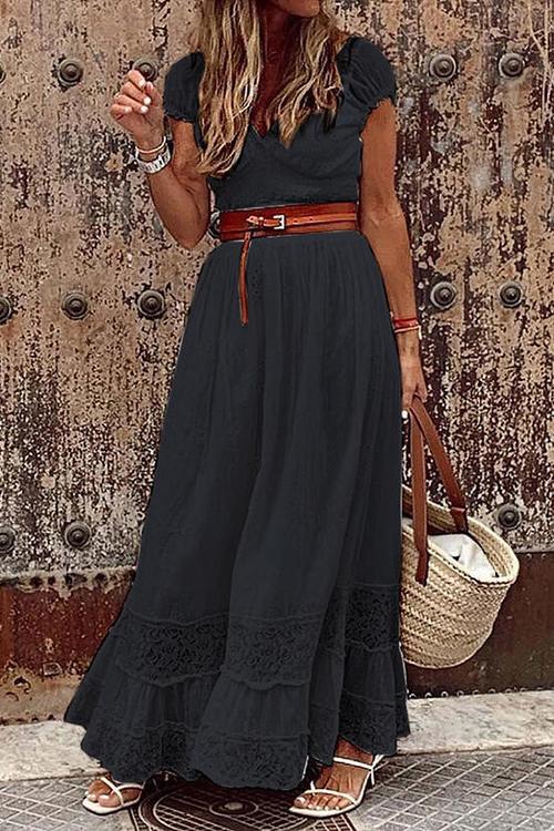 Eyelet V-Neck Puff Sleeve Gathered Waist Tiered Floral Lace Hem Maxi Dress