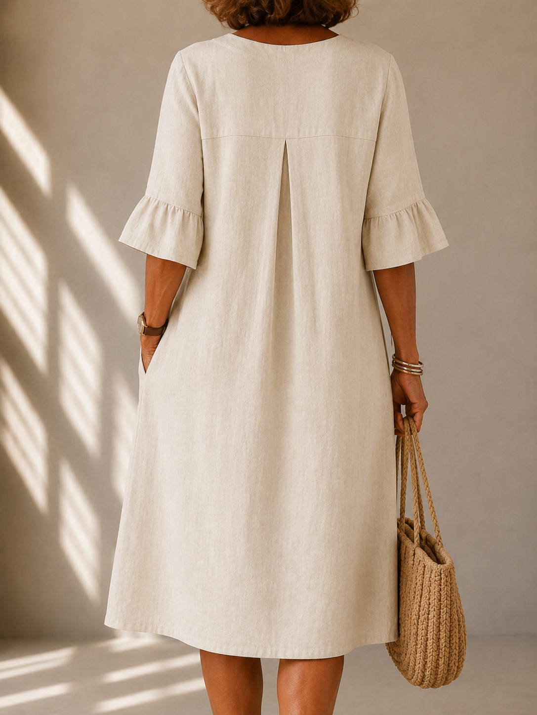 Notch Neck Wooden Button Flutter Sleeve Linen Look Midi Dress