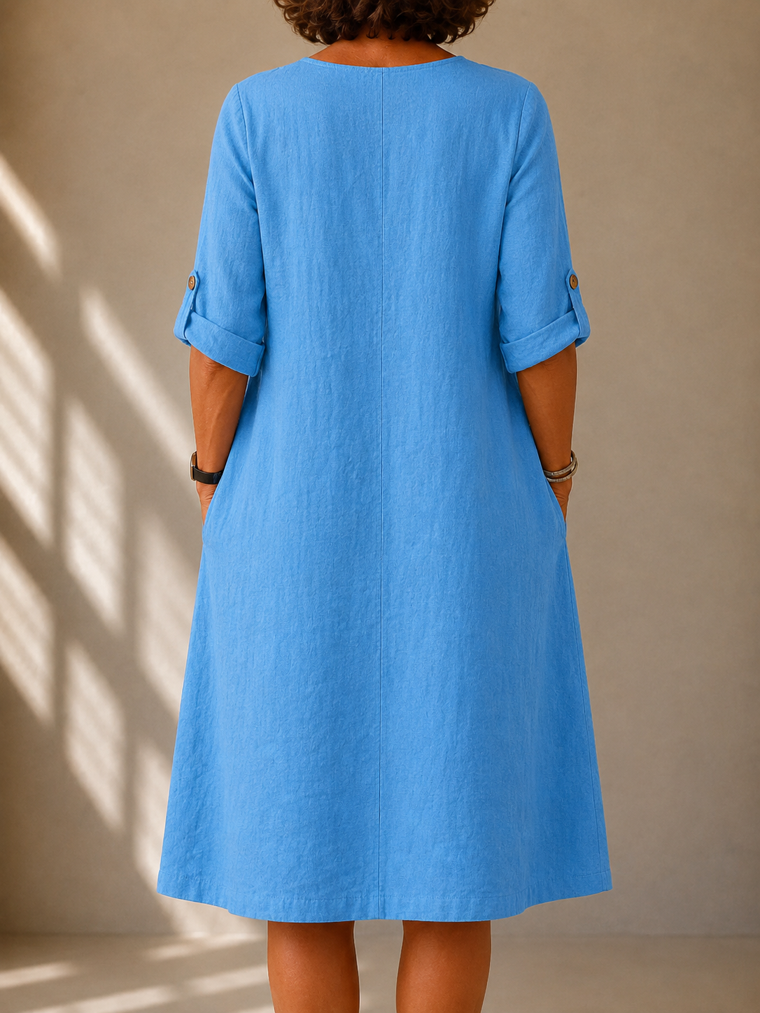 Notch Neck Long Sleeve Pocket Shift Midi Dress