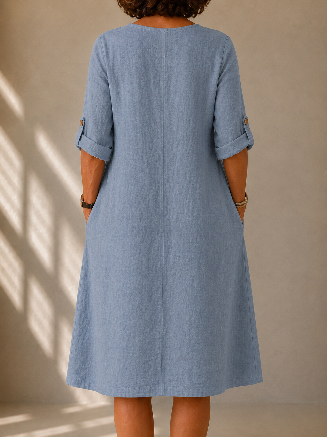 Split Neck Long Sleeve Side Pocket Linen Look Midi Dress