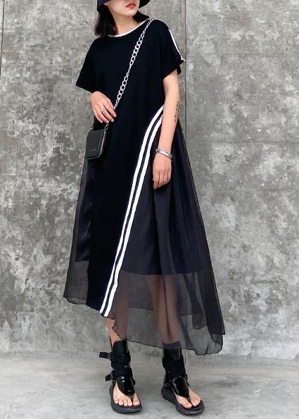 Mesh Overlay Crew Neck Short Sleeve Pocket Diagonal Stripe Midi Dress