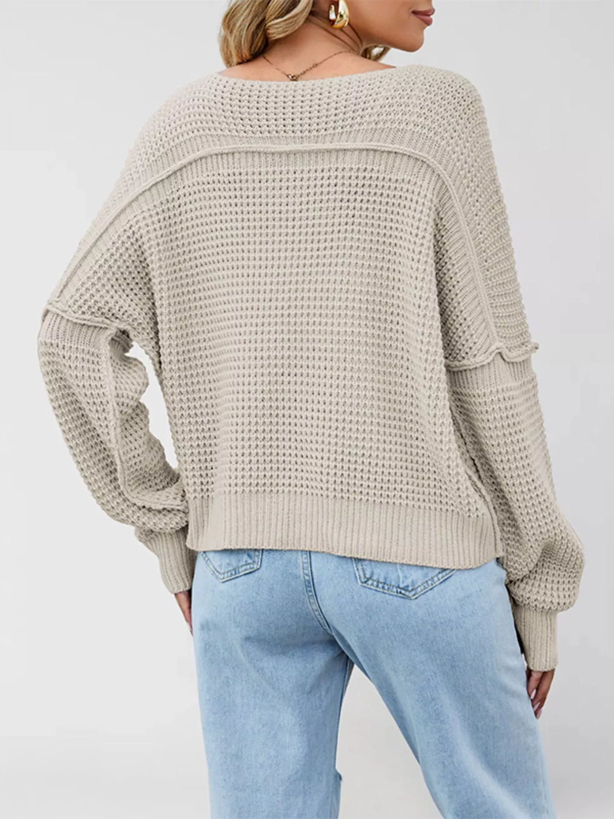 V-Neck Waffle Knit Drop Shoulder Exposed Seam Long Sleeve Sweater 5
