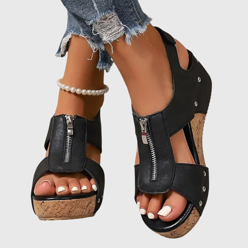 Closed Toe Zip Front Ankle Strap Wedge Sandals