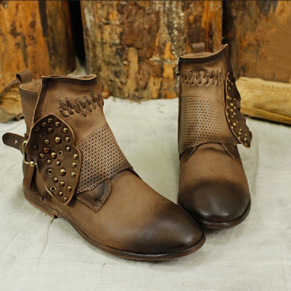 Women Booties Sheepskin Leather Short Ankle Boots For Women Low Heel Brown