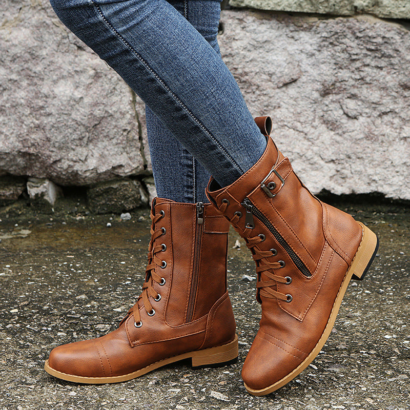 Lace Up Side Zip Buckle Block Heel Combat Boots