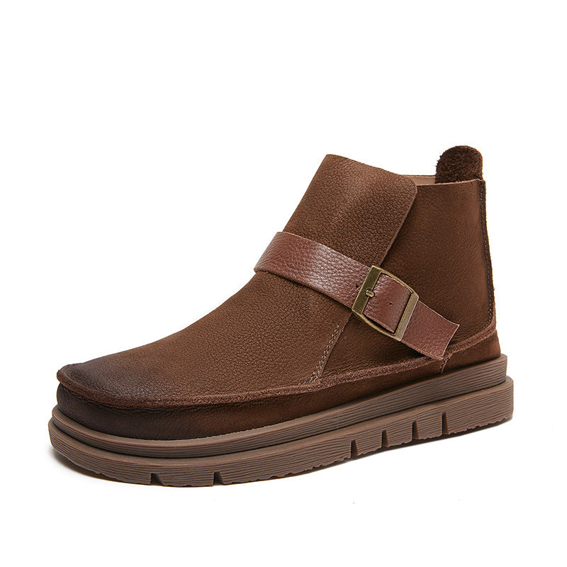 Mori Style Ankle Booties For Women Brush-Off Leather Buckle Boots in Coffee/Khaki