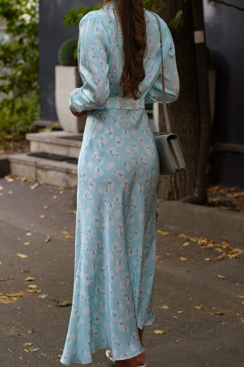 Satin Floral Print Collar Long Sleeve Belted Midi Dress