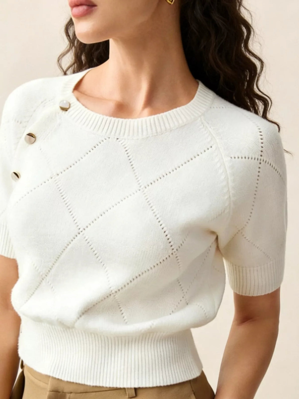 Crew Neck Short Sleeve Diamond Pointelle Knit Button Shoulder Sweater