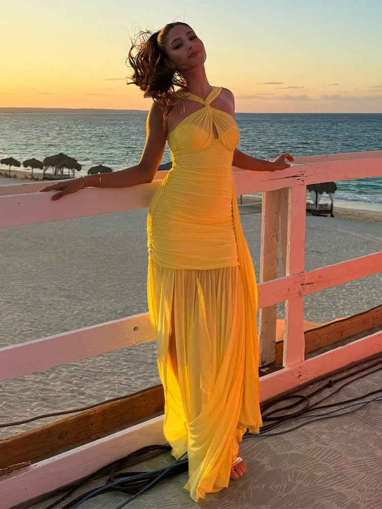 Sheer Mesh Asymmetric Halter Neck Ruched Bodice Mermaid Maxi Dress 11