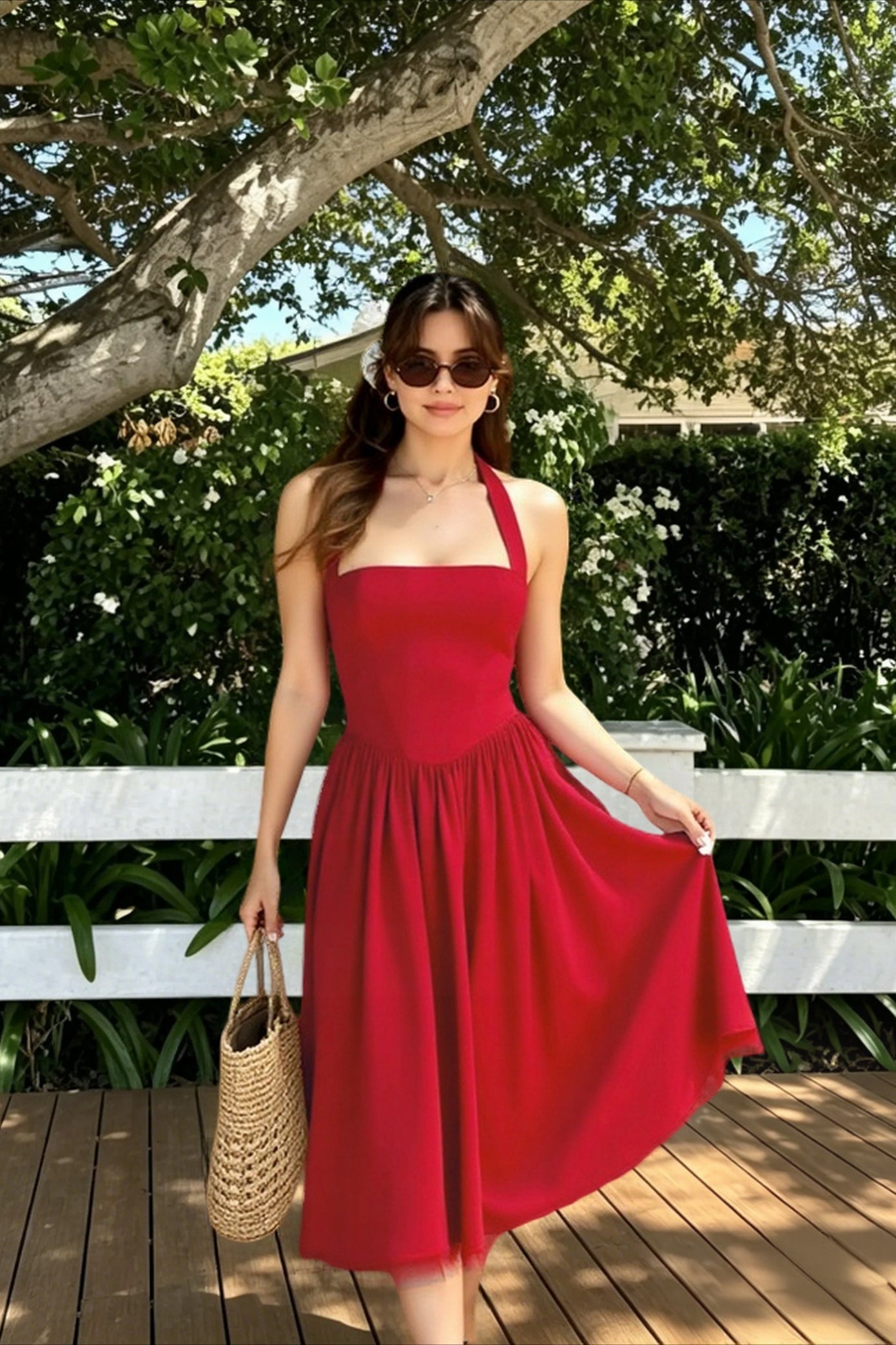 Halter Neck Square Neck Fit and Flare Midi Party Dress