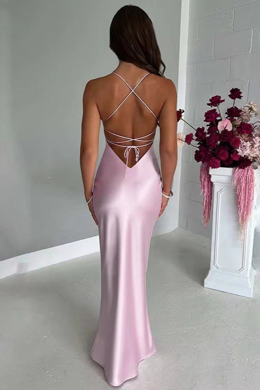 Satin Scoop Neck Spaghetti Strap Lace Up Back Bias Cut Slip Maxi Dress