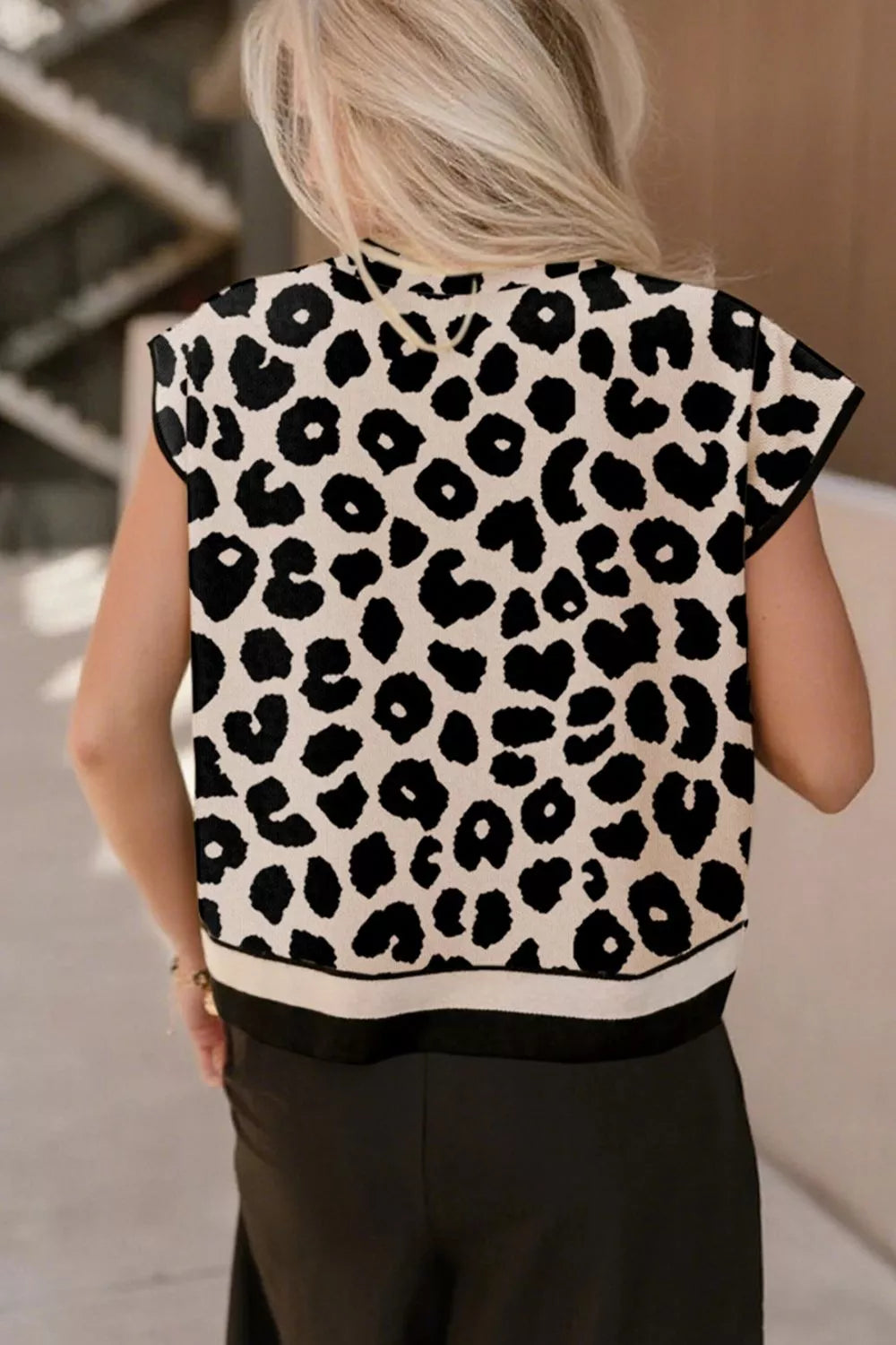 Leopard Print High Neck Short Sleeve Sweater