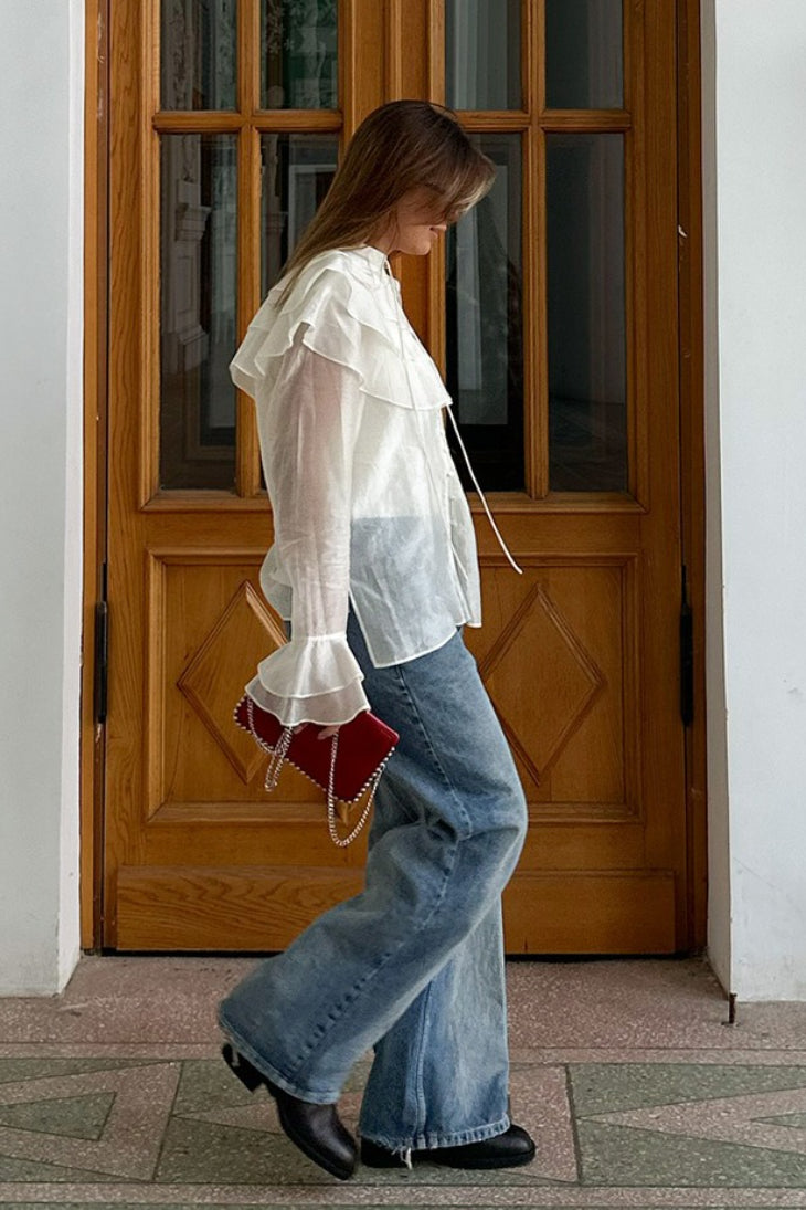 Sheer Organza Tiered Ruffle Shoulder Button Front Flare Cuff Blouse 4