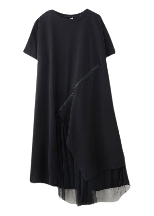 Diagonal Zip Mesh Layer Asymmetrical Hem Short Sleeve Midi Dress