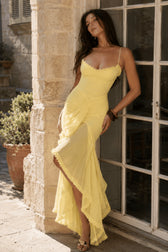 Solid Deep V Backless Ruffle Pleat Slip Dress