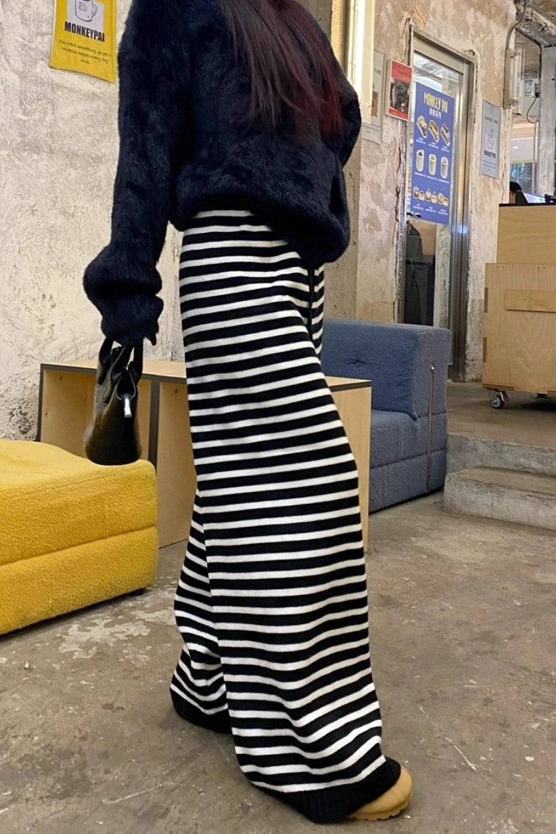 Striped Knit Drawstring Waist Ribbed Hem Wide Leg Sweater Pants 4